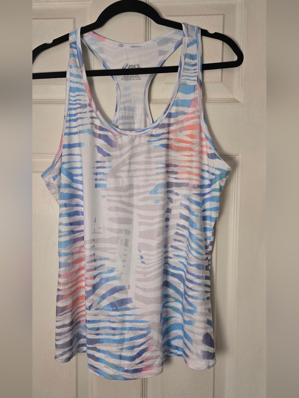 ASICS White Racerback Tank with Blue, Purple & Pink Zebra Stripes